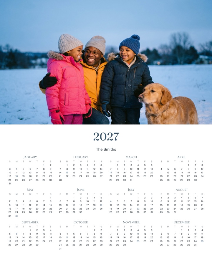 A wall calendar made from a family photo