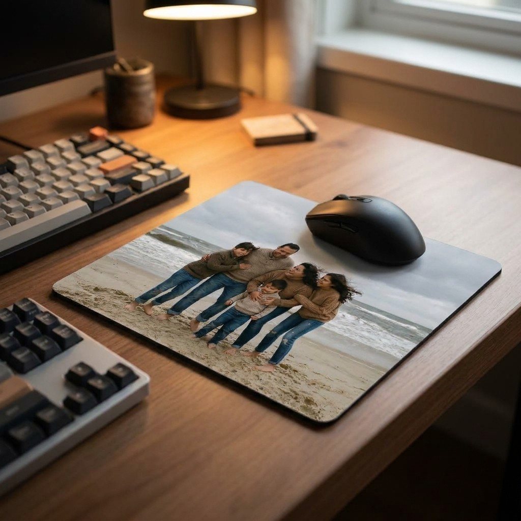A mousepad printed with a family photo at the beach, on a desk under a mouse